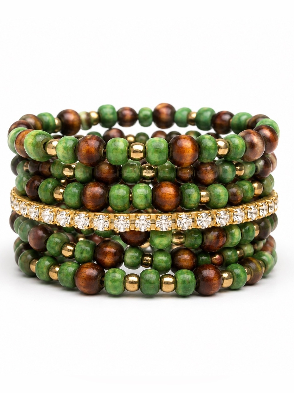 Boho Artisan Canyon Sky Green, Brown, Gold & Rhinestone Beaded Wrap Bracelet